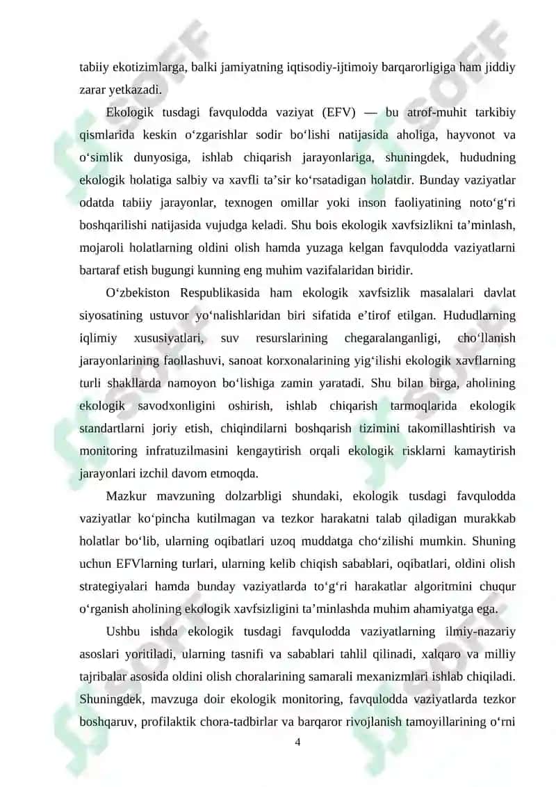 EKOLOGIK TUSDAGI FAVQULODDA VAZIYATLAR VA ULARNING OLDINI OLISH CHORALARI. 4