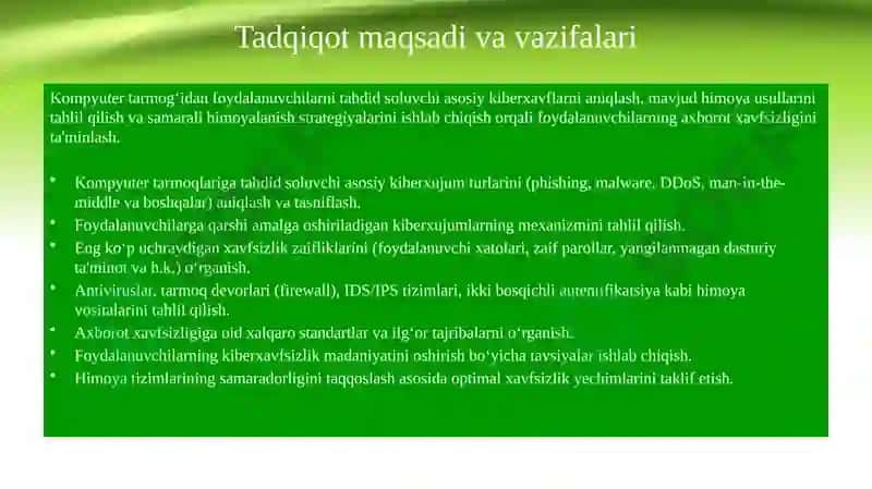 Kompyuter tarmog‘idan foydalanuvchilarni kiberxujumlardan himoyalash usullarini tahlili 4