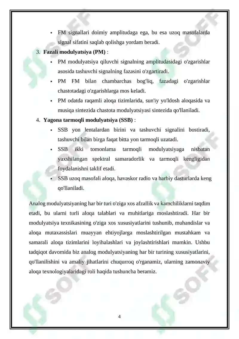 Analog modulyasiyalash turlari. ularning oʻzga xos xususiyatlari 4