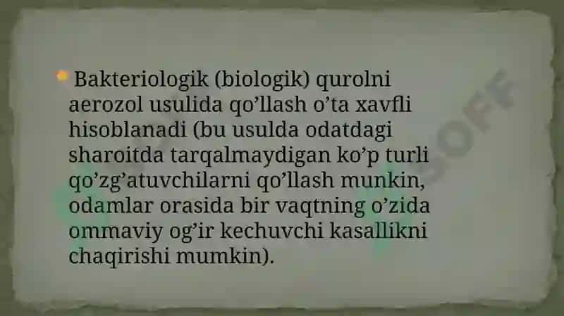 BАKTERIОLОGIK (BIОLОGIK) VOSITALAR BILAN ZАRАRLАNGAN О’CHОQDА EPIDЕMIYAGА QАRSHI CHORA TАDBIRLАR 4