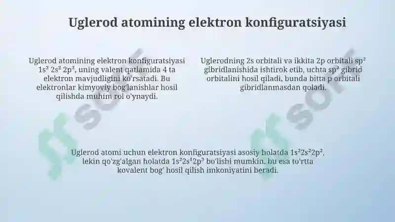 Uglerod atomining sp-, sp²-, sp-gibridlanishi 4