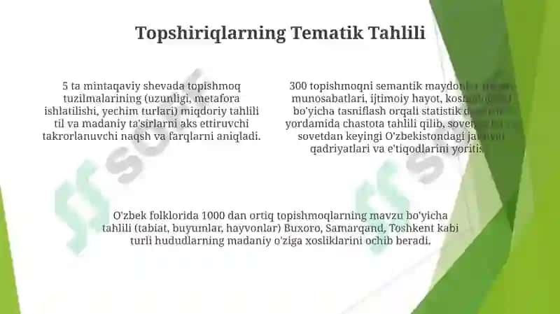 O'zbek xalq topishmoqlarini to'plash va mazmunini sharhlab tahlil qilish 4