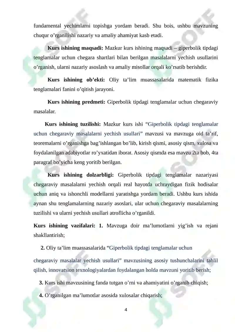 Giperbolik tipdagi tenglamalar uchun chegaraviy masalalarni yechish usullari. 4