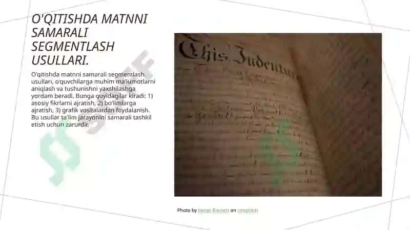 Matnni ma'noviy qismlarga bólish tamoyillari. Reja. Rejaning turlari 4