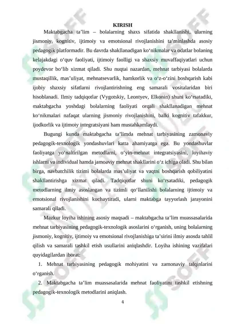 Maktabgacha ta`lim tashkilotlarida ta`lim-tarbiya jarayonini tashkil etishda mehnat tarbiyasining o`rni 4