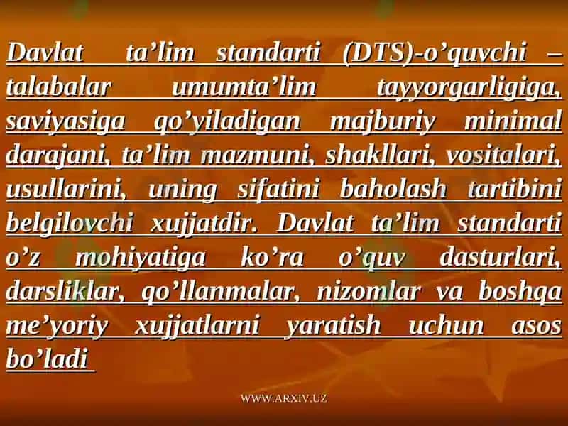 Davlat ta’lim standartlari o’quv reja, o’quv dasturining mohiyati va mazmunida tayyorlagan 4