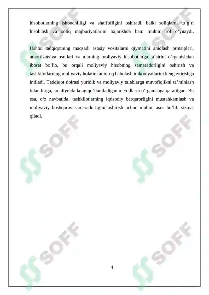 Asosiy vositalarning balansga olinishi va ularning qiymati, amortizatsiya miqdori hamda hisobga olish usullari 4