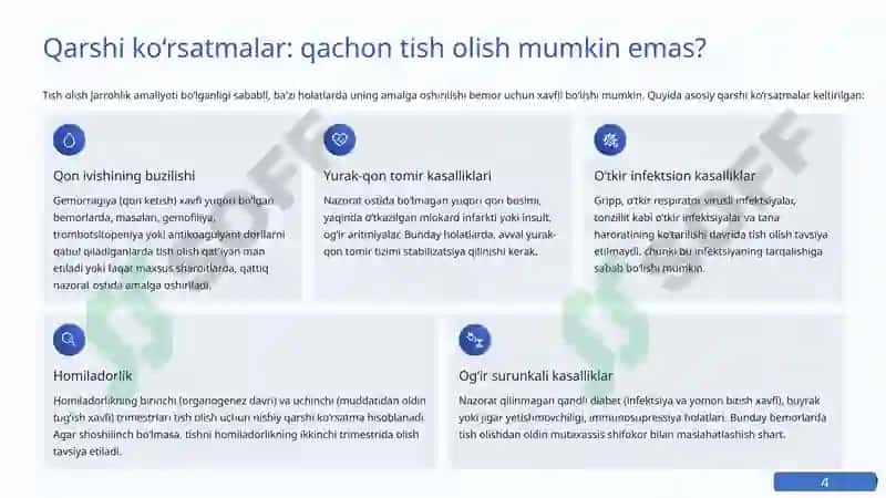 Tish olish operatsiyalari: Ko‘rsatmalar, Qarshi Ko‘rsatmalar va Kasallarni Kuratsiya Qilish 4