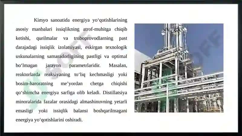 Azot sulfat kislota shuningdek o'yuvchi ishqor, xlor va boshqa ishlab chiqarishda energetik yo'qotishlami kamaytirishning maqbul yo'llari. 4