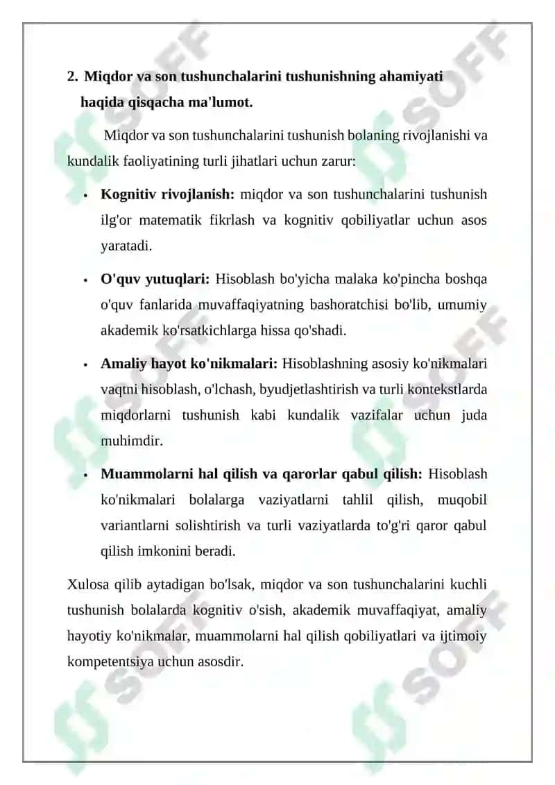 ELEMENTAR MATEMATIK TASAVVURLARNI SHAKLLANTIRISH FANIDAN REFARAT 4