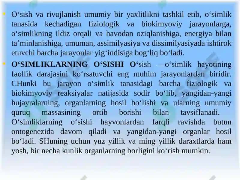 O‘SIMLIKLARNING O‘SISH VA RIVOJLANISHI 4