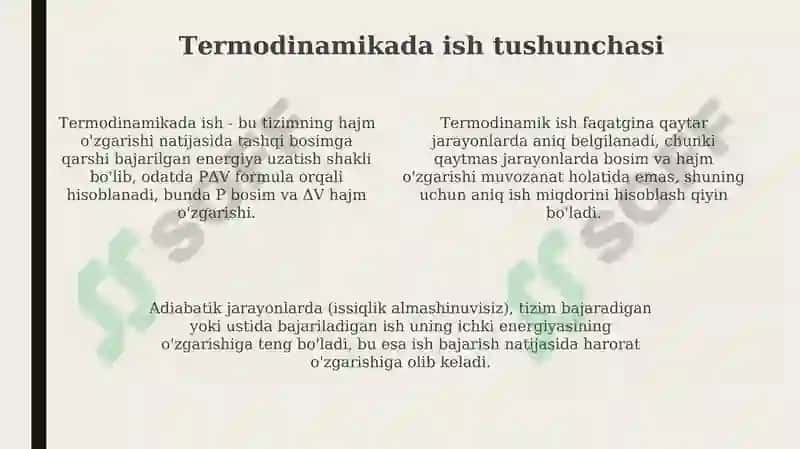Issiqlik balansi tenglamasi. Termodinamikaning ish tushunchasi. 4