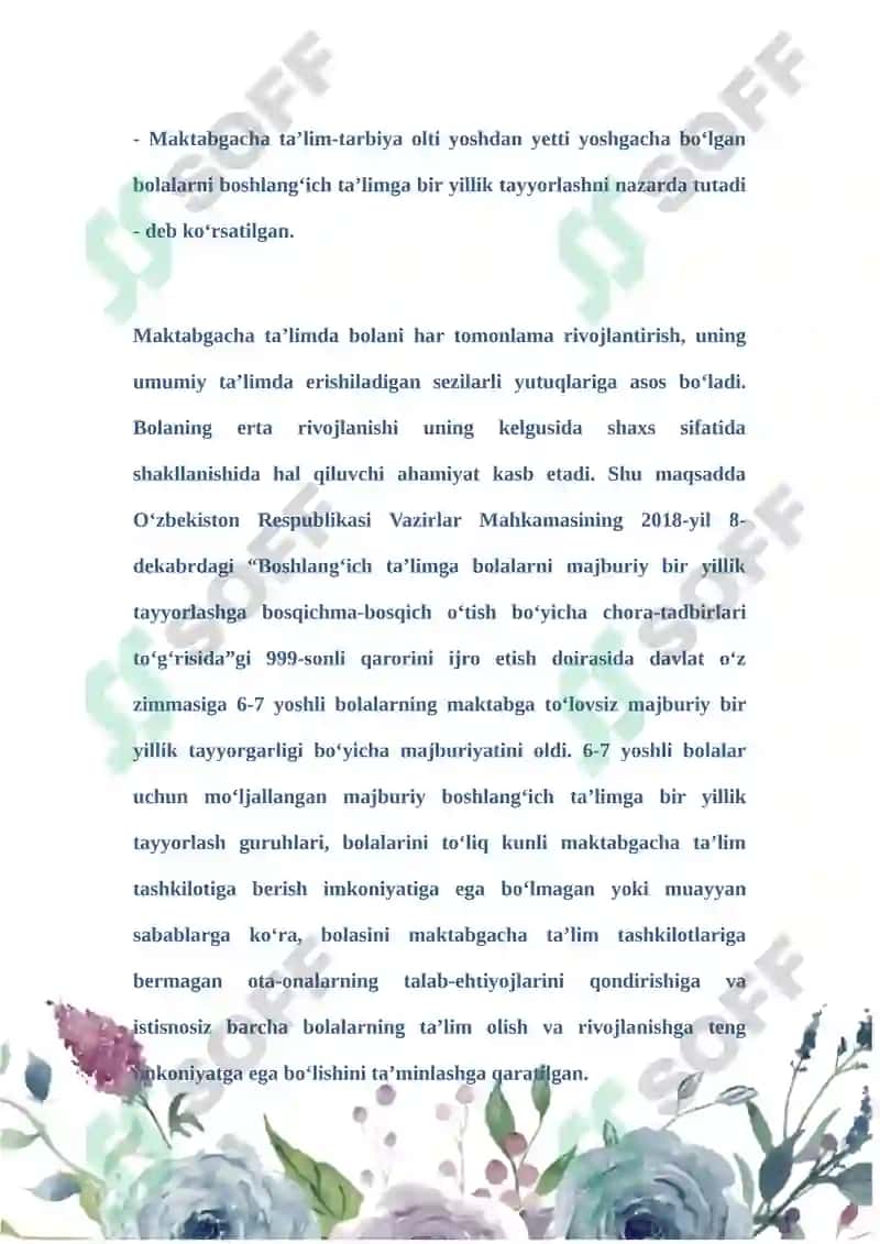 Bolalarni maktab ta'limga majburiy bir yillik tayyorlash bo'yicha guruhlarni tashkil bo'yicha qonunchi hujjatlar shakli 4