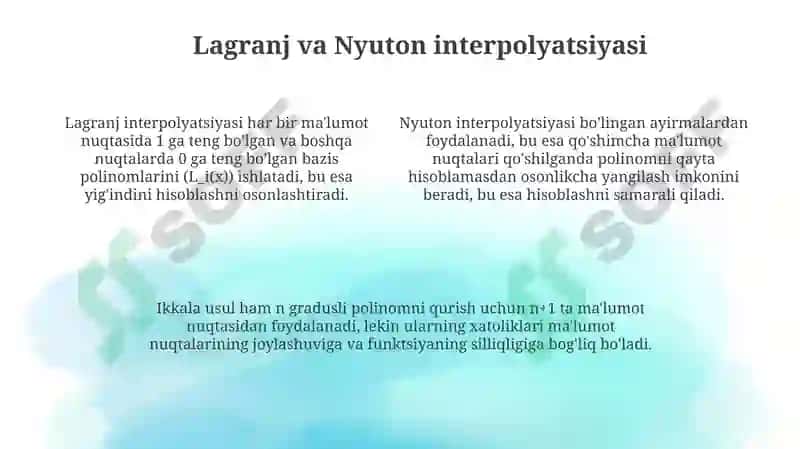 Interpolyatsion ko`phadlar qurishni ayrim usullari va ularning tadbiqlari 4