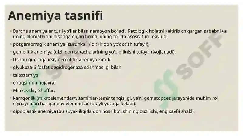 Anemiyalar.anemiyalar klassifikatsiyasi anemiyalar etiopatogenezi.anemiyani klinik labarator diagnostikasi 4