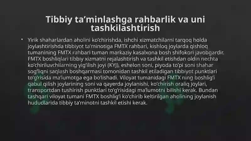 AHOLINI DUSHMAN TAJOVUZI XAVFI PAYTIDA VA SHIKASTLANGAN AHOLINI DAVOLASH – KO’CHIRISH TIBBIY TA’MINLASH 4