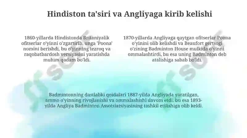 Badminton oʻyin kelib chiqishi va Rivojlaniwi tarixi 4