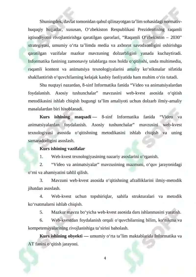 Umumiy o‘rta ta’lim maktablarining 8-sinfida Informatika va AT fanidan “Video va animatsiyalardan foydalanish. Asosiy tushunchalar” mavzusini o‘qitishda web-kvestlardan foydalanish 4