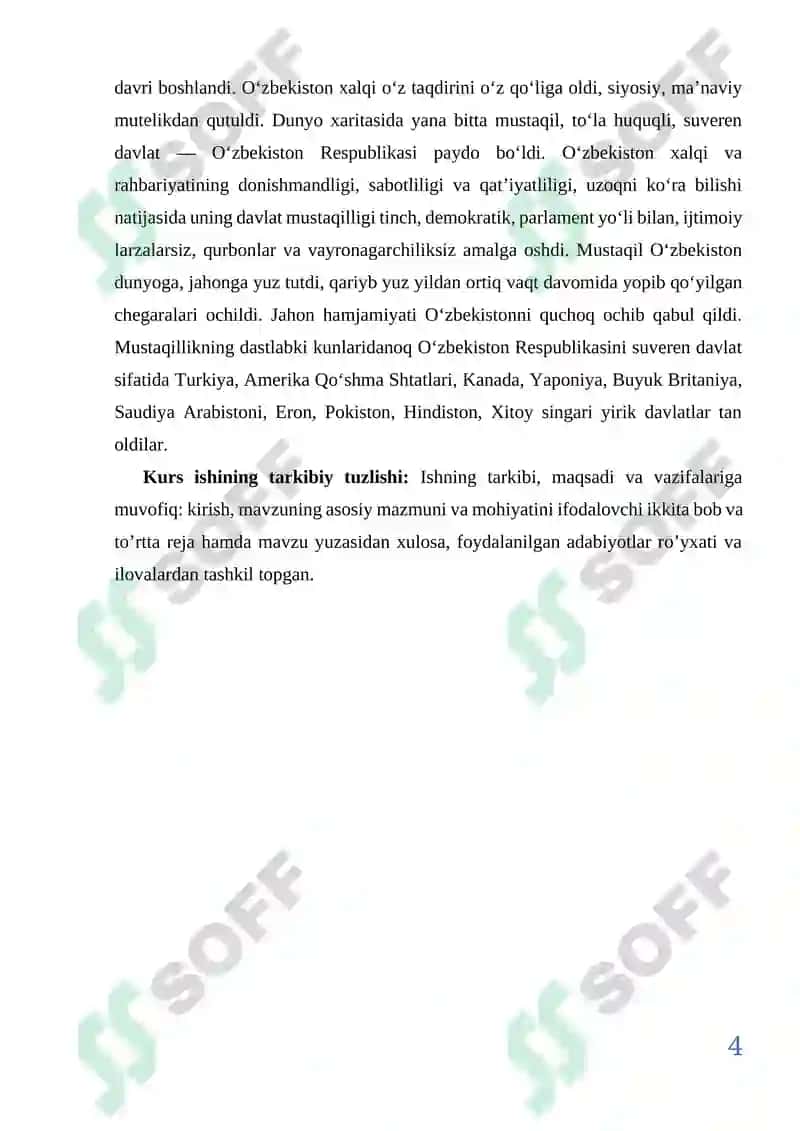 O’zbekistonning dunyo siyosiy xaritasida tutgan o’rni va roli kurs ishi 4