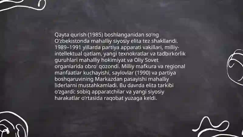 Qayta qurish yillarida Oʻzbekistonda ijtimoiy siyosiy vaziyat 4