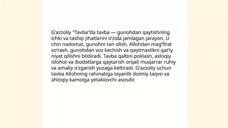 Gʻazzoliyning "Tavba" asari asosida din va axloq tushunchalarining yoritilishi 4