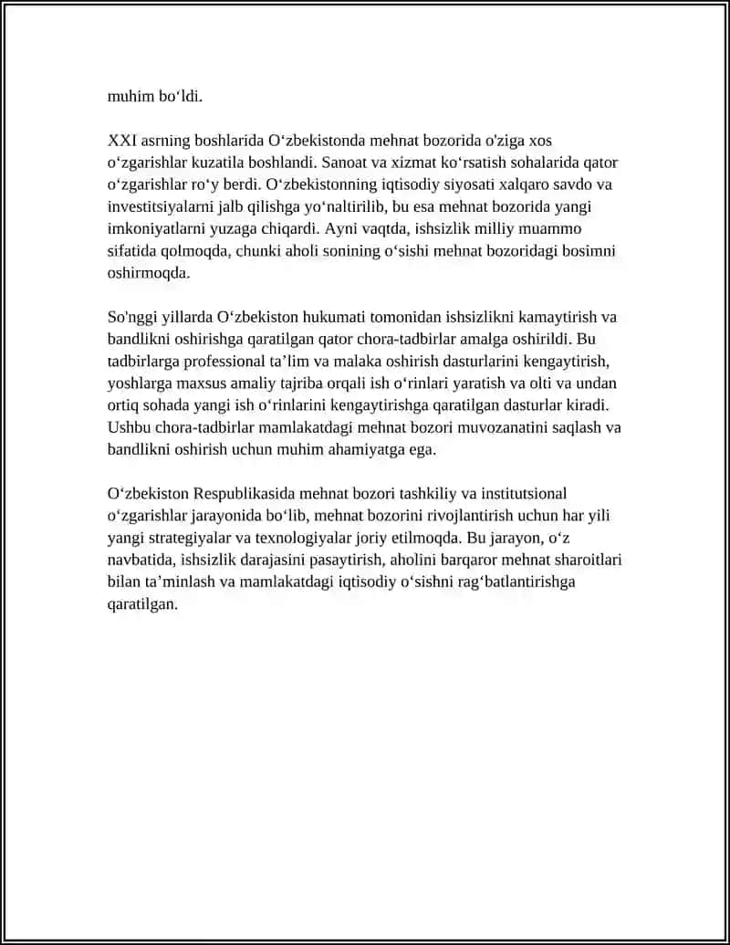 OʻZBEKISTON RESPUBLIKASIDA MEXNAT BOZORINING SHAKILANISHI VA ISHSIZLIKNING UZIGA XOS XUSUSIYATLARI 4