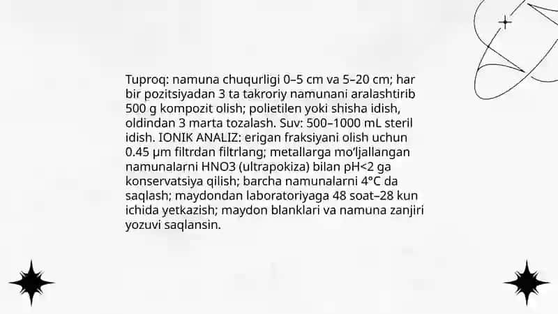 Tuproq va suvning ifloslanishida ion bogʻlanishli birikmalarni aniqlab ulardan tozalash usulini ishlab chiqish 4