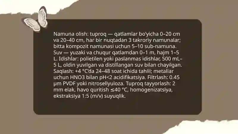 Tuproq va suvning ifloslanishida ion bog`lanishli birikmalarni aniqlab ulardan tozalash usulini ishlab chiqish 4