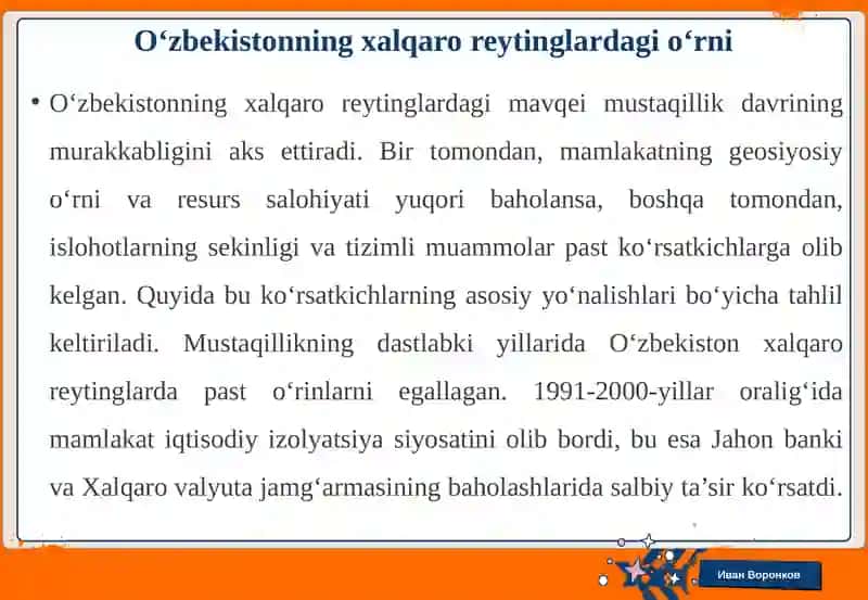 O‘zbekistonning xalqaroreytinglardagi ko‘rsatgichlari niko‘tarishning tarixiy va siyosiy ahamiyati 4