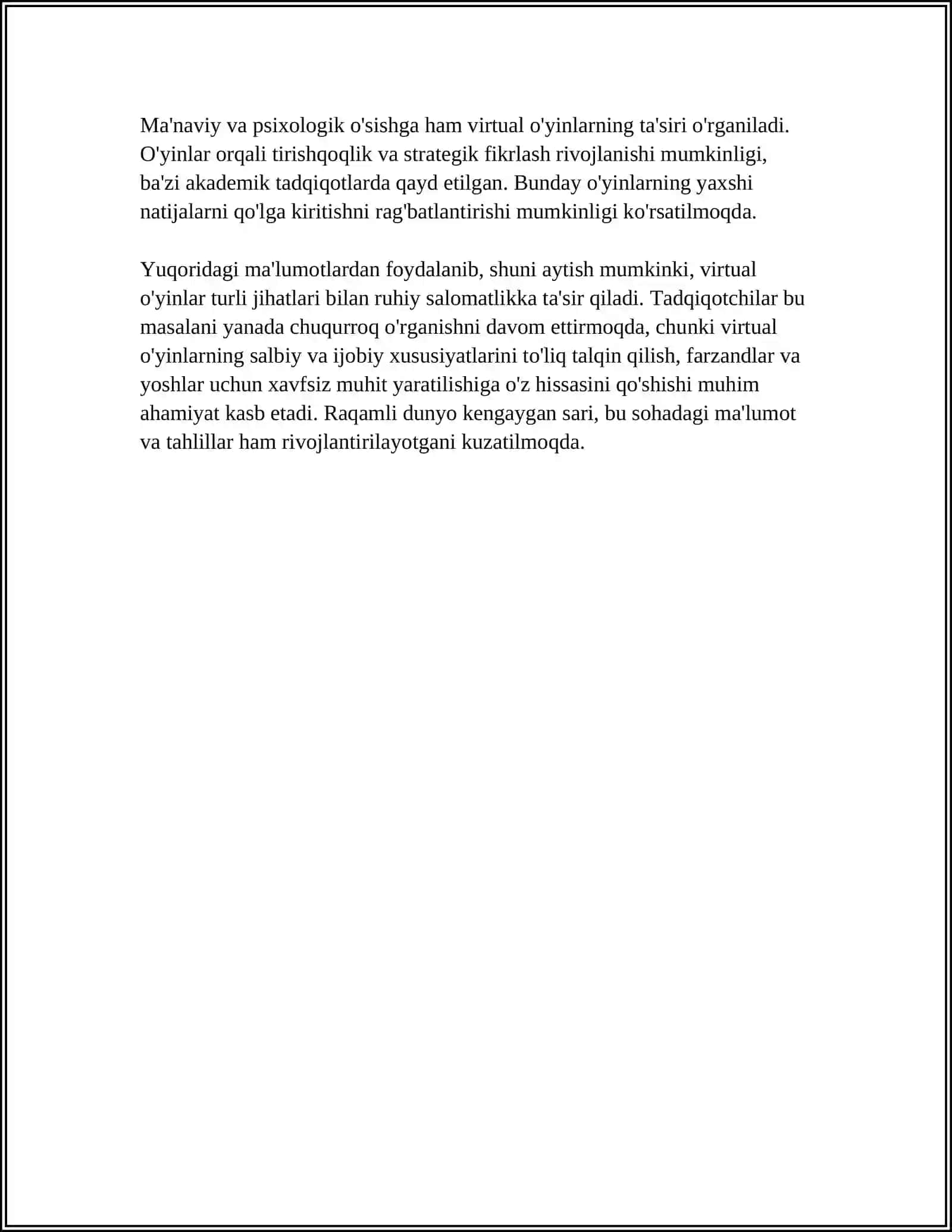 MUSTAQIL ISH Mavzu: VERTUAL OʻYINLARNING ASORATLARI 4