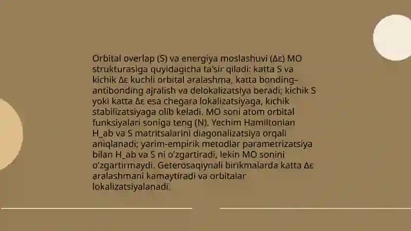 Toluol malekulasi uchun yarim emperik va emperik emas koz qarashdan MO lar sonini aniqlash 4