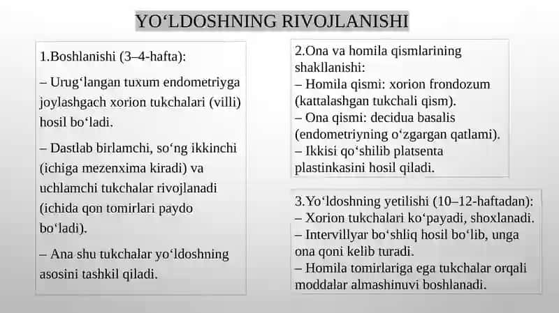YO’LDOSHNING RIVOJLANISH YO’LDOSHNING SHAKLLANISHIDA HORIONNING AHAMIYATI. GEMATO-PLATSENTAR TO’SIQNING TUZILISHI VA AHAMIYATI. KINDIK TIZIMCHASINING RIVOJLANISHI, TUZILISHI VA VAZIFALARI. ONA-HOMILA TIZIMI. 4