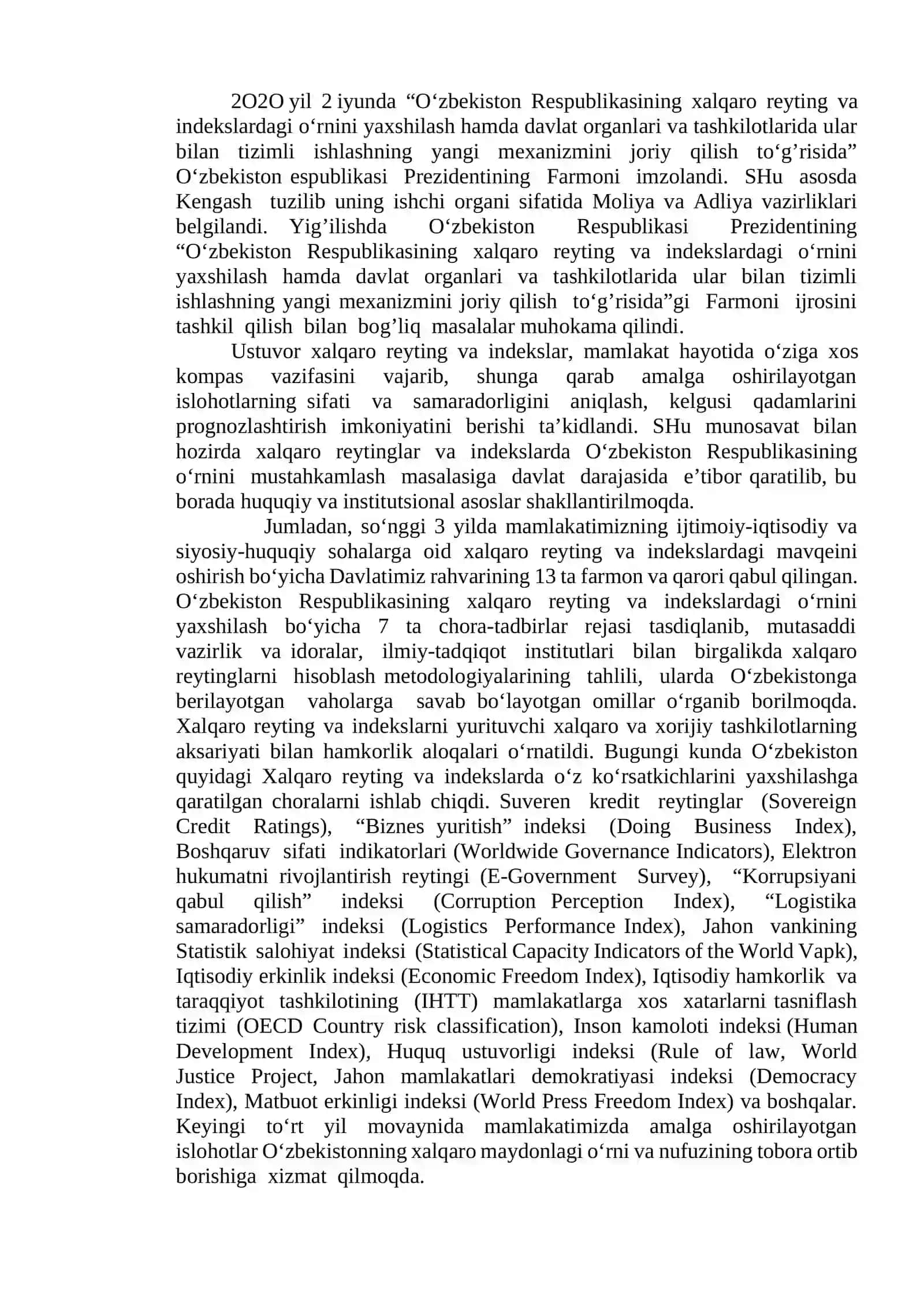 O‘ZBEKISTON IJTIMOIY-SIYOSIY, IQTISODIY VA MADANIY HAYOTIDA ROʻY BERAYOTGAN OʻZGARISHLARNING XALQARO REYTING VA INDEKSLARDA AKS ETISHI 4