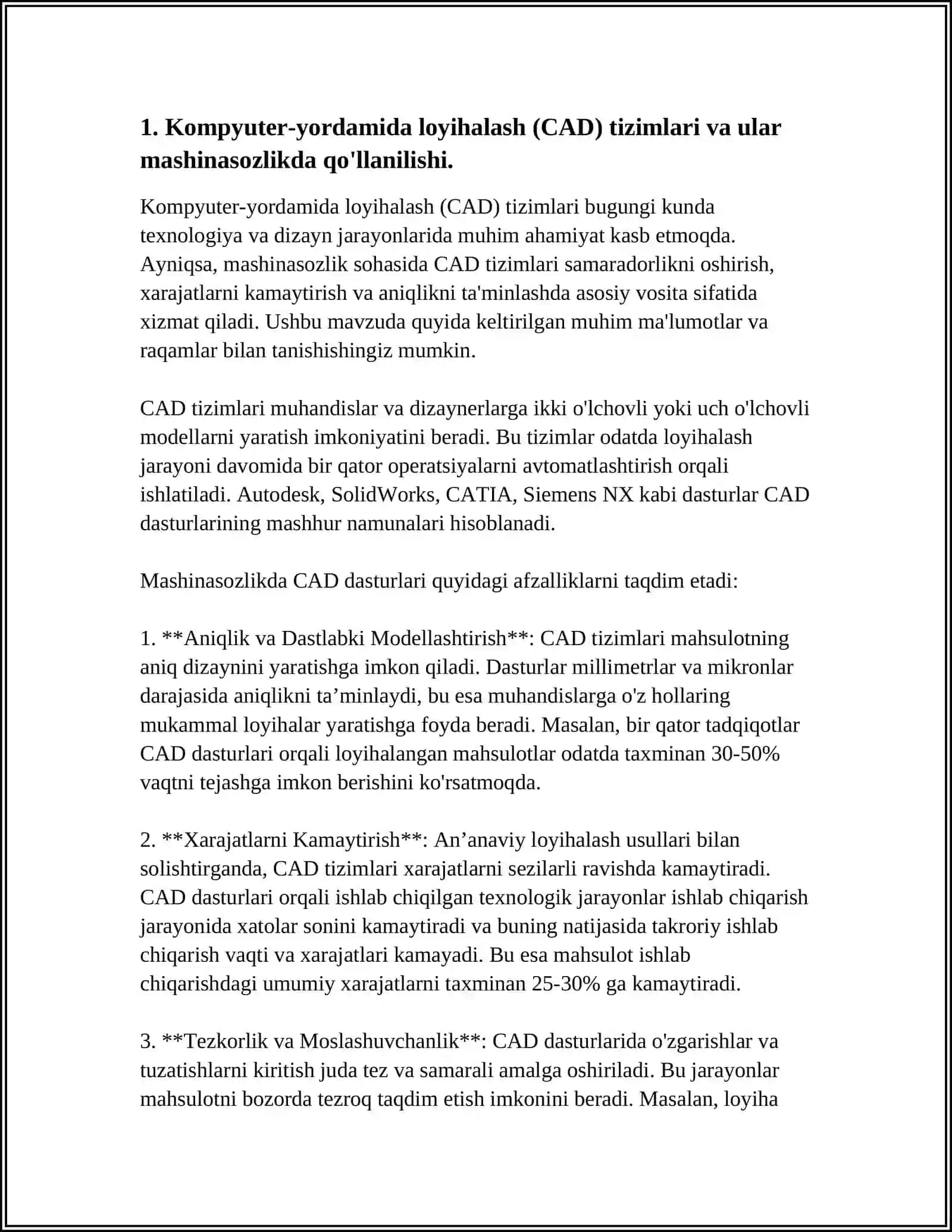 CAD, CAM, CAE TIZIMLARINI MASHINASOZLIK TEXNOLOGIYASIDA QO’LLANILISHI XAQIDA TAXLILIY MATERIAL TAYYORLANG 4