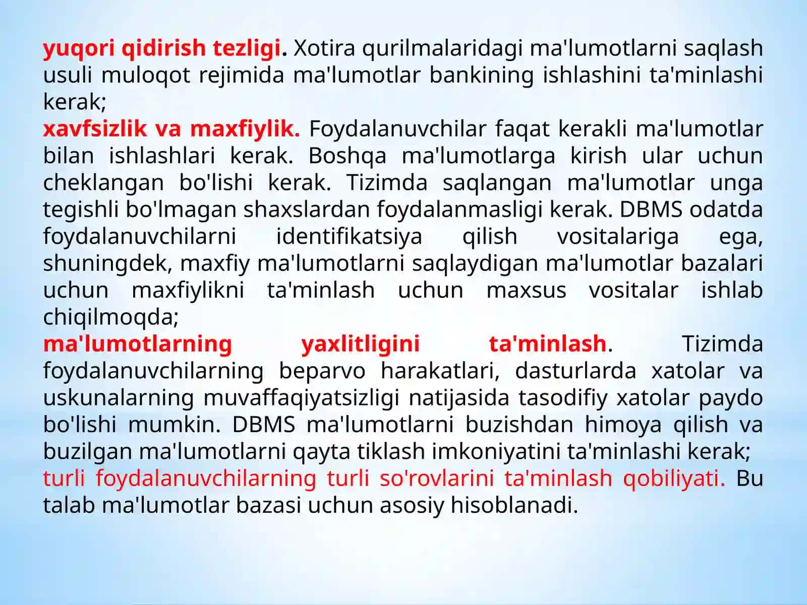 Ma'lumotlar bazasini boshqarish tizimining asosiy vazifalari 4