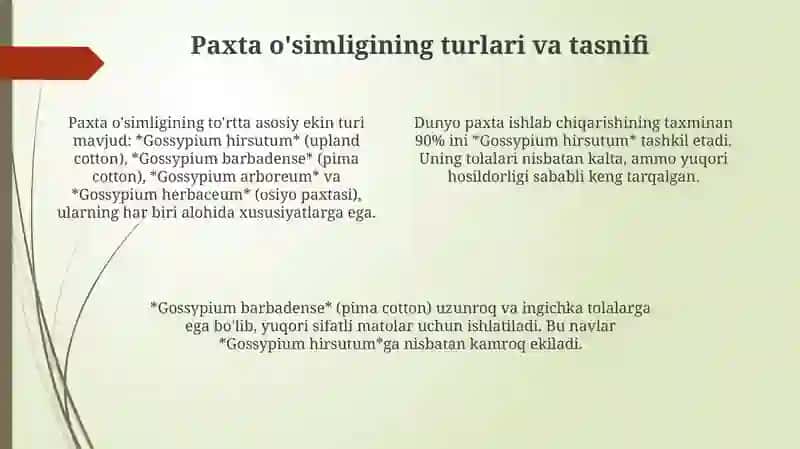 Ğoʻza oʻsimligini kelib chiqishi va turlari haqida umumiy maʼlumot 4