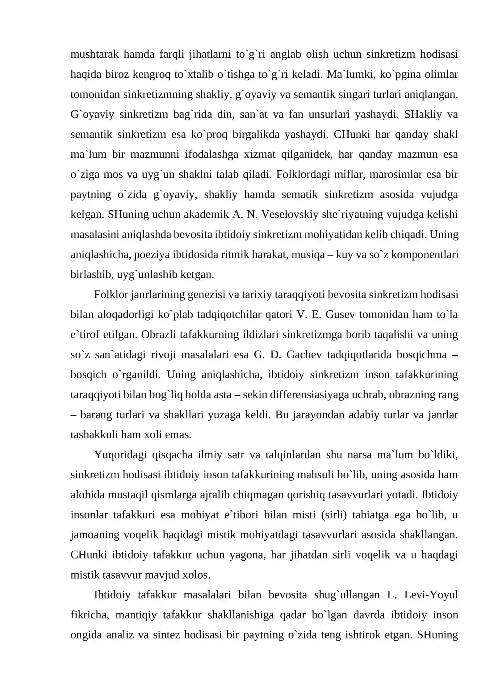 SINKRETIZM DAVRI POETIKASI. SINKRETIZM DAVRIDA SYUJET. SYUJETLAR POETIKASI. SUBEKT SINKRETIZMI MANBALARI. SUB'EKT SINKRETIZMI DAVRIDA SO'Z. OBRAZ GENEZISI VA UNING KELIB CHIQISH SHAKLLARI MASALALARI. OBRAZLI TAFAKKUR EVOLYUTSIYASI: IKKI A'ZOLI VA KO'P A'ZOLI PARALLELIZM. KO'CHIMLARNING ILK SHAKLLARI PAYDO BO'LISHI. 4