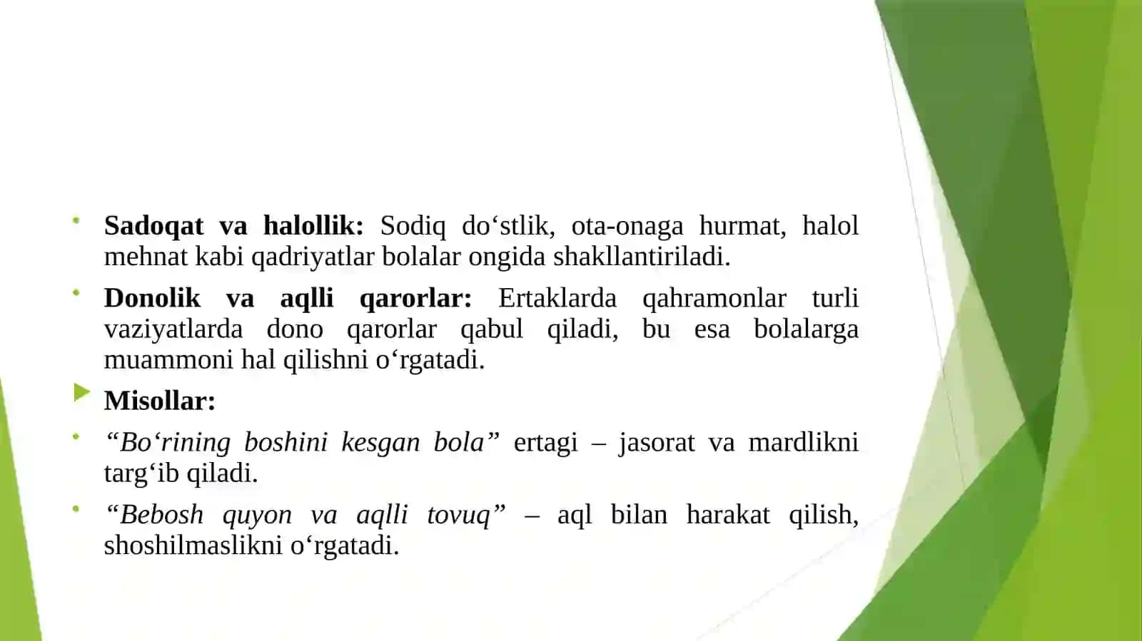O‘ZBEK XALQ OG‘ZAKI IJODIDA (ERTAKLAR, DOSTONLAR) TARBIYA G‘OYALARI. 4