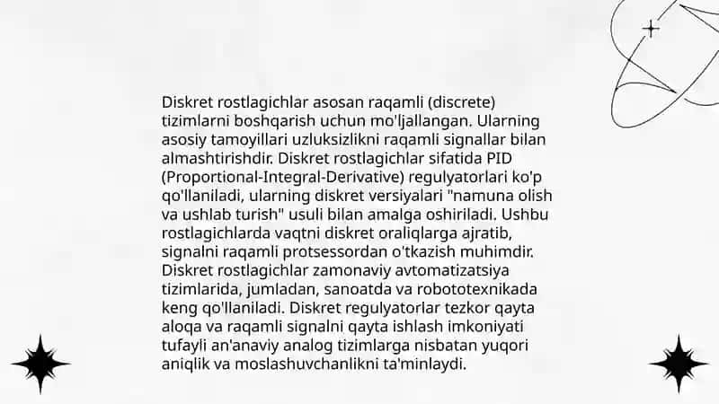 Analog (uzluksiz) va diskret rostlagichlar. PID - rostlagichlarni amalga oshirish 4