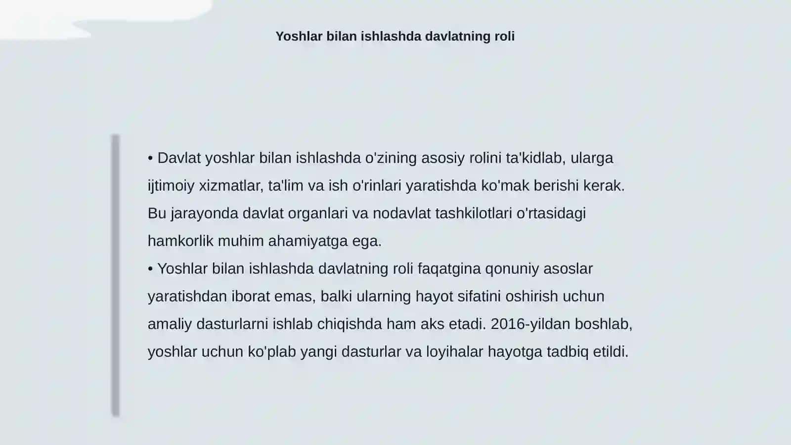 Yoshlarga oid davlat siyosati to'g'risida 2016-yil 14-sentabr 4