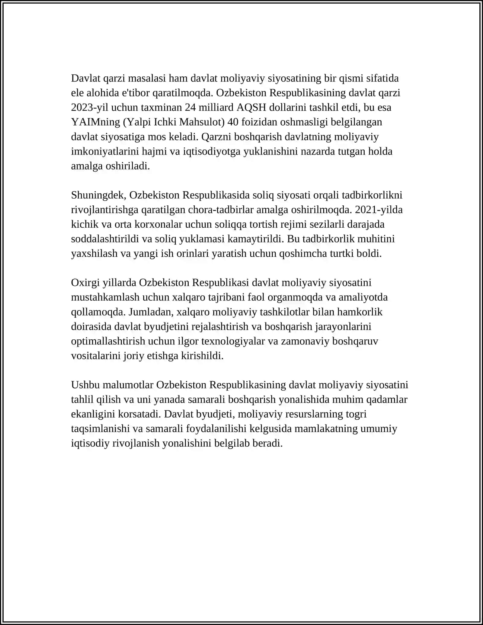 O‘zbekiston Respublikasida Davlat Moliyaviy Siyosati 4