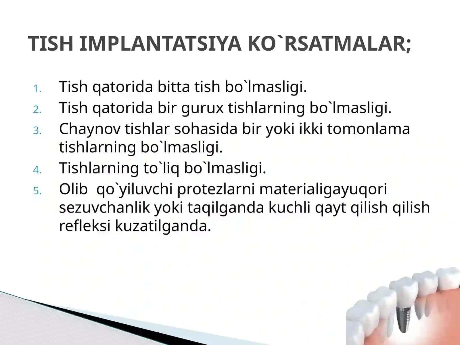 IMPLANTLARGA BO`LGAN KO`RSATMALAR VA QARSHI KO`RSATMALAR 4