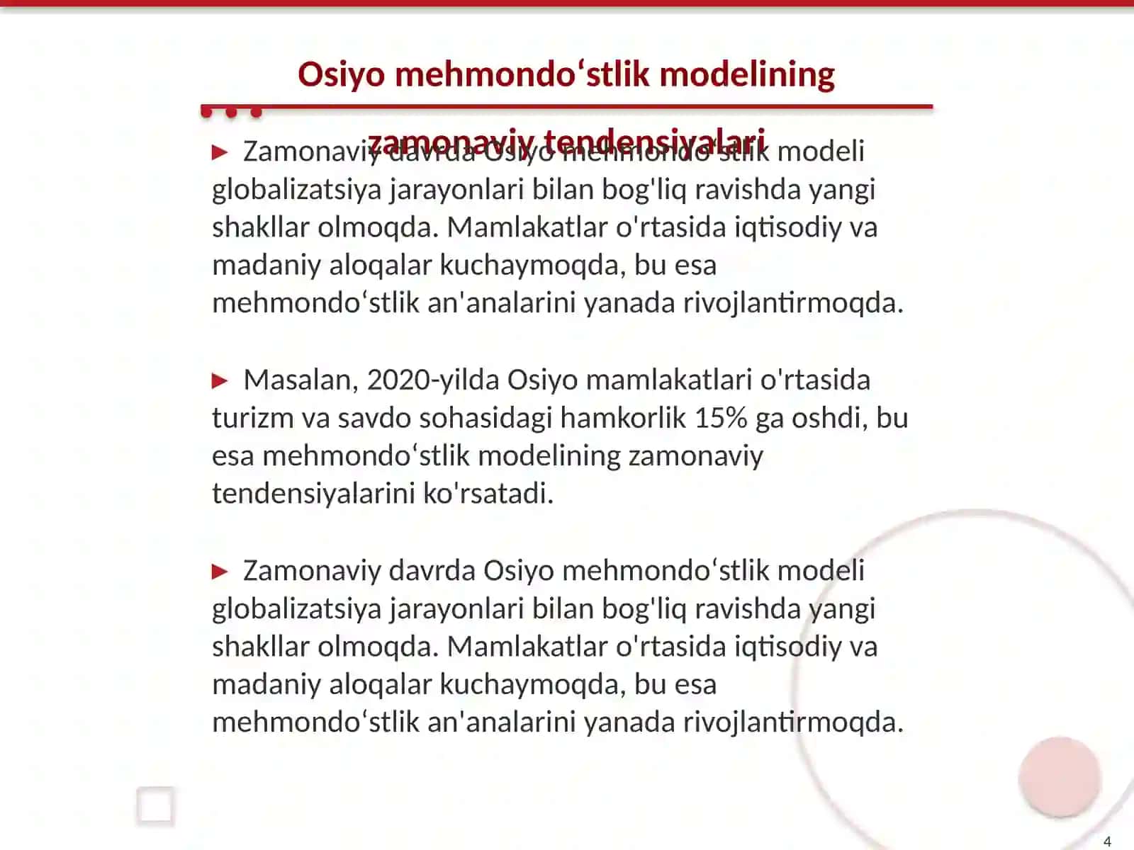 Osiyo mehmondoʻstlik modelining rivojlanish ustuvorlik lari va xususiyatlari 4