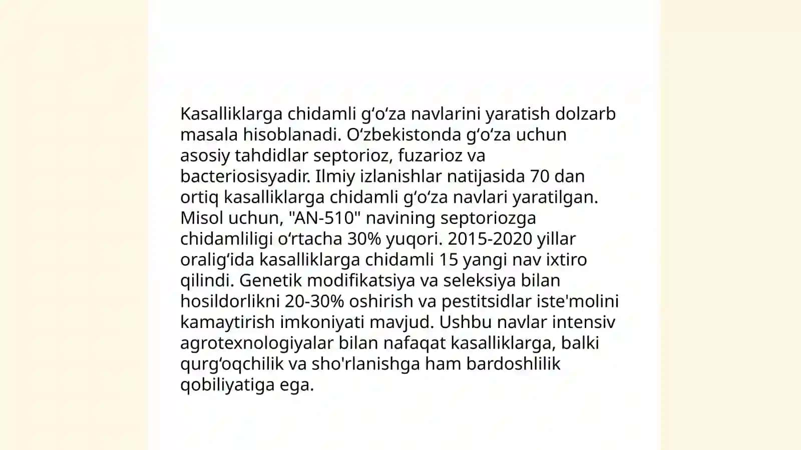 Gʻoʻzaning tezpishar va yuqori hosildor kasalliklarga zararkunandalarga va ekstremal ekologik sharoitlarga chidamli navlarni yaratish 4
