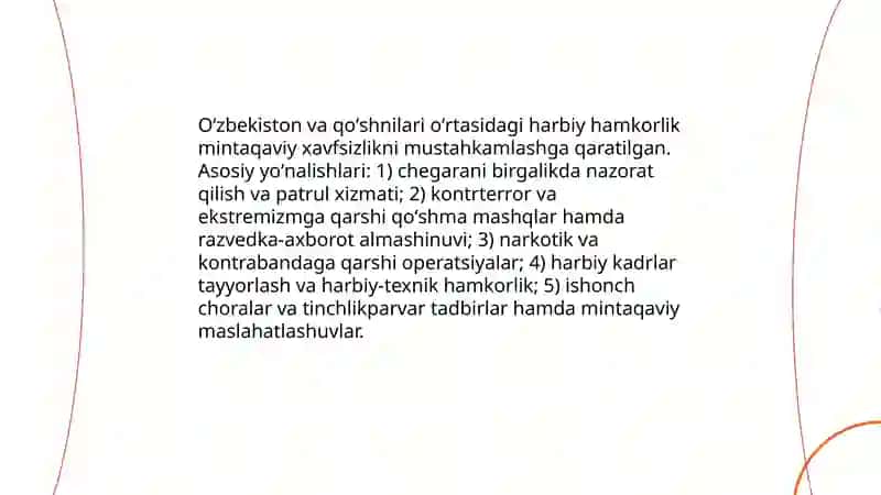 Oʻzbekistob respublikasini markaziy Osiyoda tinchlik va barqarorlikni taʼminlashdagi oʻrni 4