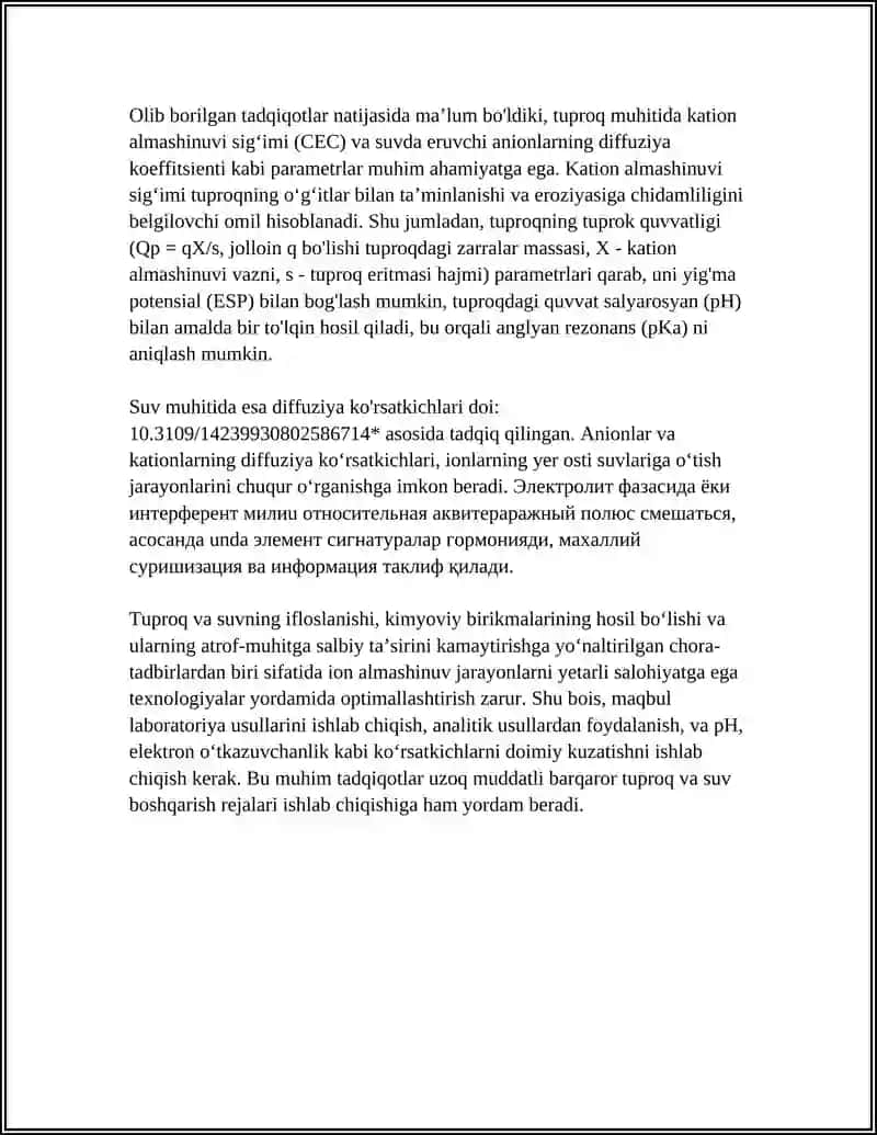 TUPROQ VA SUVNING IFLOSLANISHIDA ION BOGʻLANISHLI BIRIKMALARNI ANIQLAB ULARDAN TOZALASH USULINI ISHLAB CHIQISH MAVZUSIDA REFERAT 4