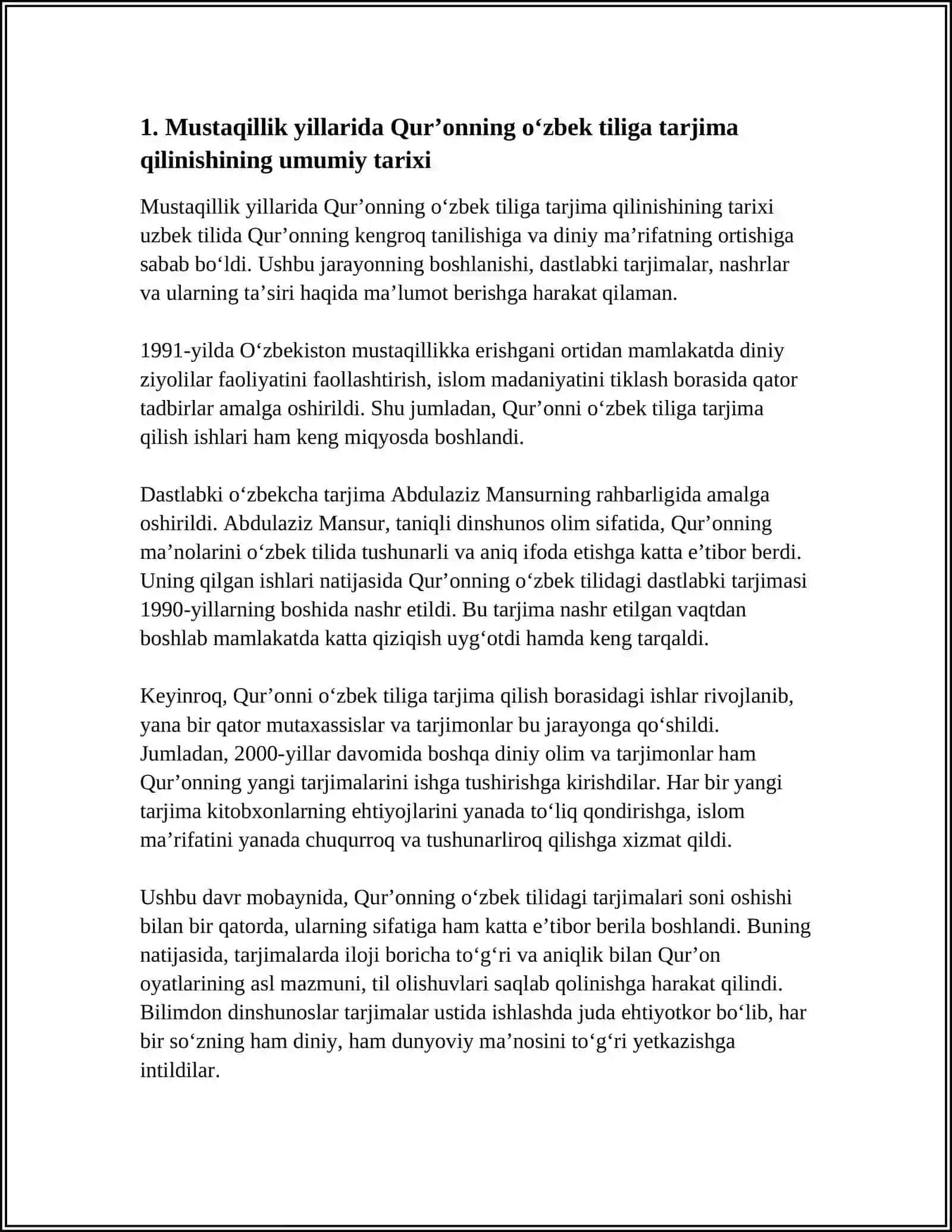 MUSTAQILLIK YILLARIDA QURʼONNING OʻZBEK TILIGA TARJIMA QILINISHI VA TAFSIRLARI HAQIDA TAQDIMOT TAYORLASH 4