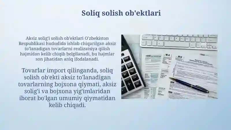 Aksiz soliği soliq tõlovchisi soliq solish obekti, bazasi, hisoblab chiqarish va tõlash tartibi 4