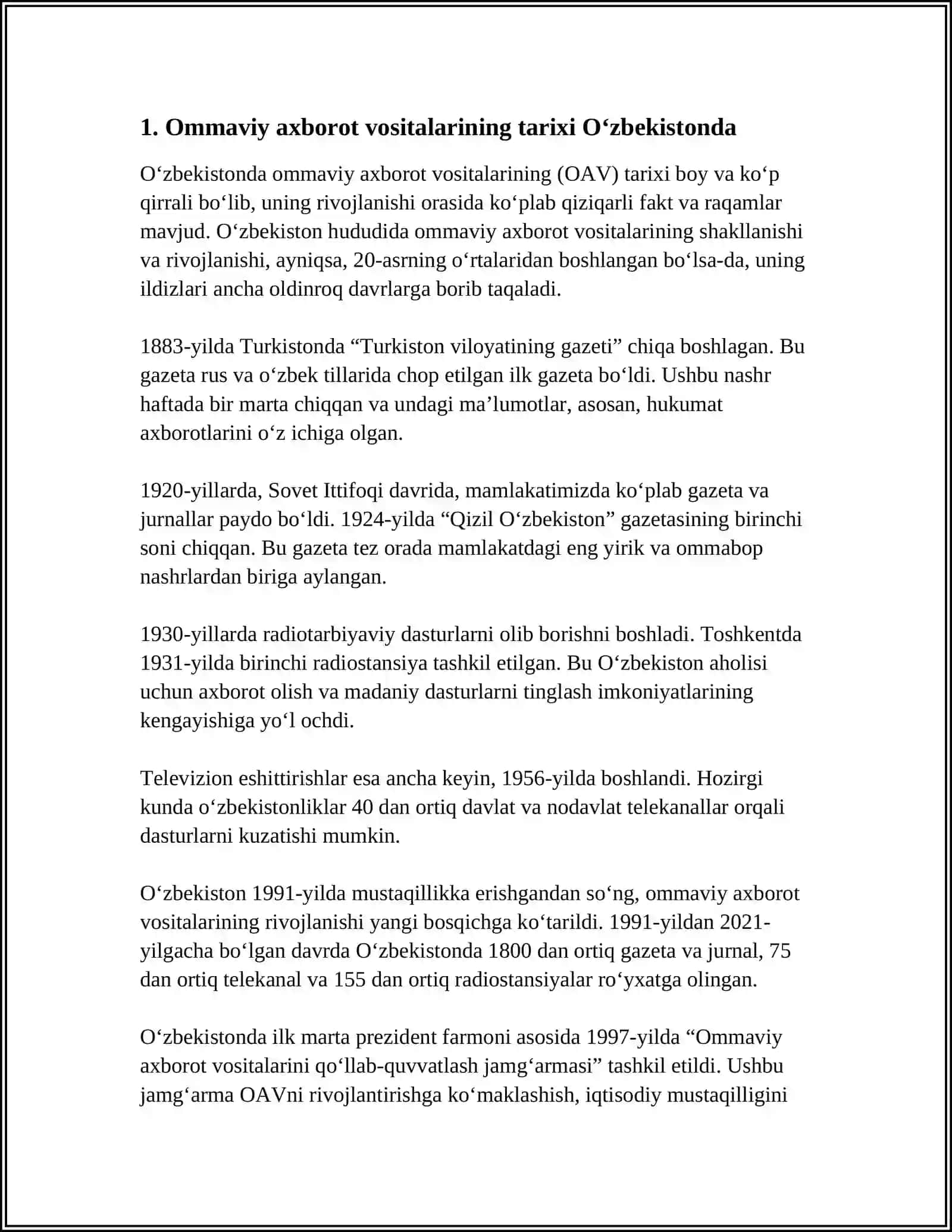 O'ZBEKISTON RESPUBLIKASIDA OMMAVIY AXBOROT VOSITALARINING FAOLIYATI 4