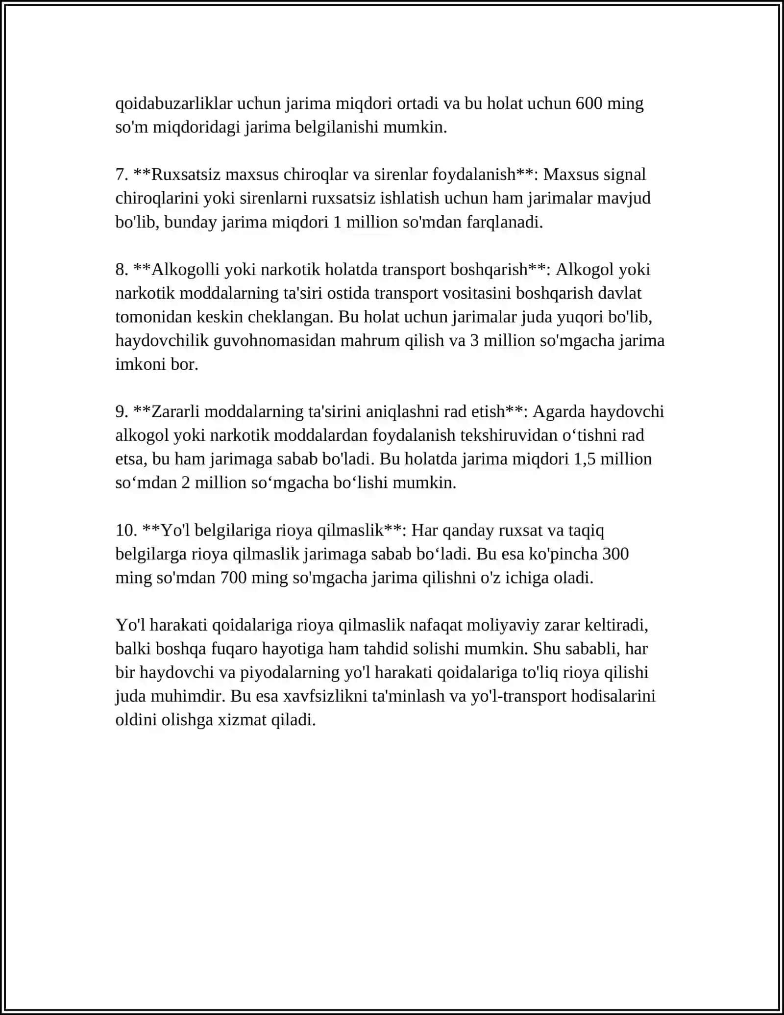 Yoʻl harakati qoidalarini buzganlik uchun mamuriy javobgarlik 4